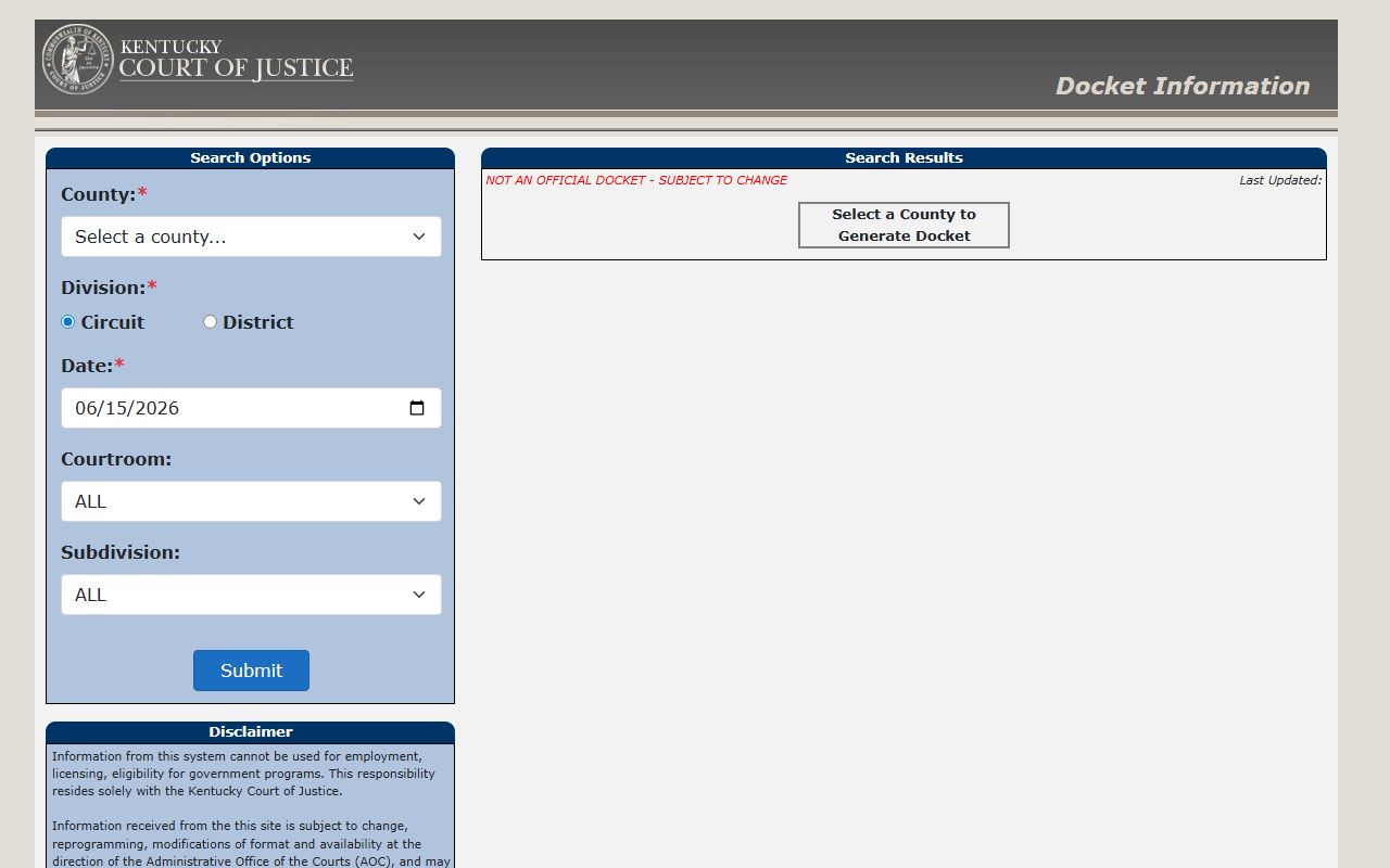 Kentucky docket search fields for Marion County court records after arrest